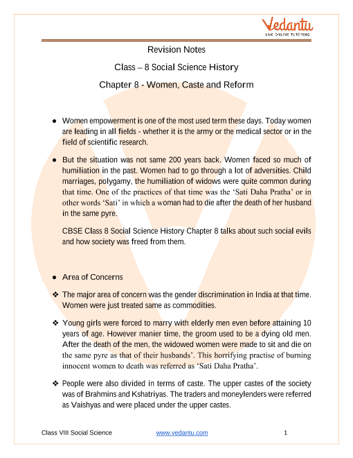 Access Class 8 Social Science Chapter 8 - Women, Caste And Reform Notes in 30 Minutes part-1
