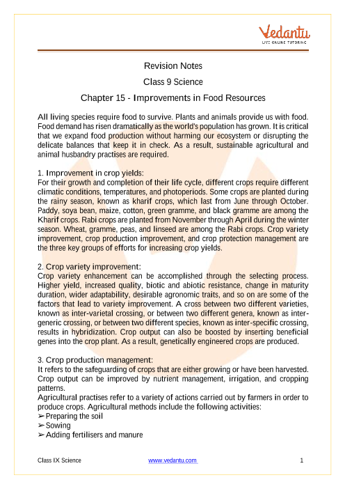Improvement in Food Resources Class 9 Notes CBSE Science Chapter 15 [PDF]