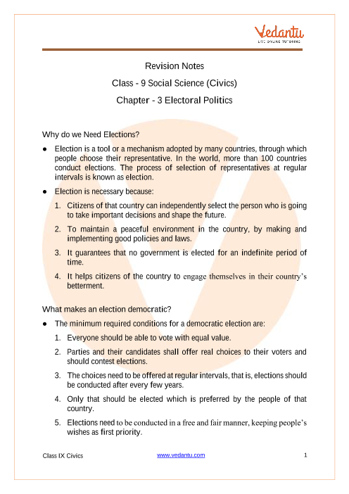 Access Class 9 Social Science - Civics Chapter – 3 Electoral Politics part-1