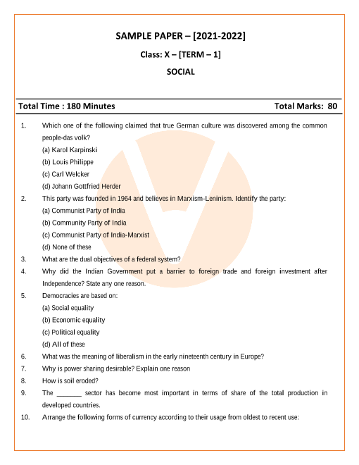 CBSE Social Science Term 1 Sample Paper for Class 10 part-1