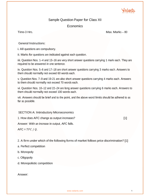 Cbse Sample Paper For Class 11 Economics With Solutions