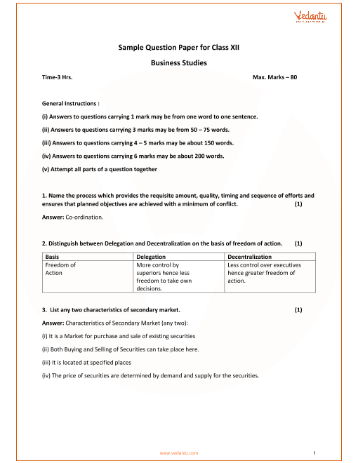 Class 12 Business Studies Sample Paper -1 for CBSE 2022