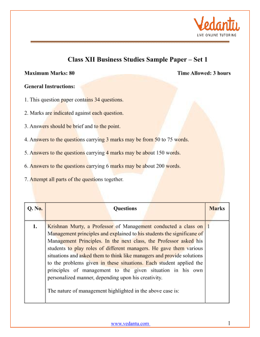 Class 12 Business Studies Sample Paper -1 for CBSE 2022