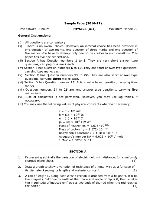 Cbse Sample Question Paper For Class 12 Physics Mock Paper 2