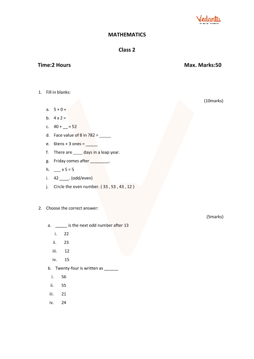 CBSE Sample Papers for Class 2 Maths with Solutions - Mock Paper 1