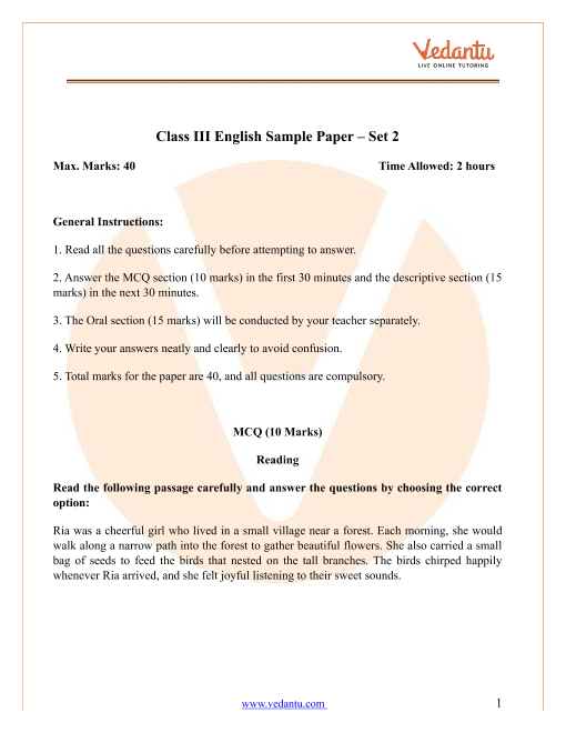 CBSE Sample Papers for Class 3 English with Solutions - Mock Paper 2