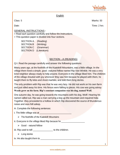 english grammar question paper for class 5 pdf