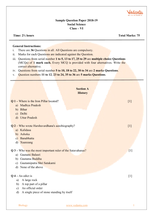 CBSE Sample Question Paper Class 6 Social Science 1 part-1