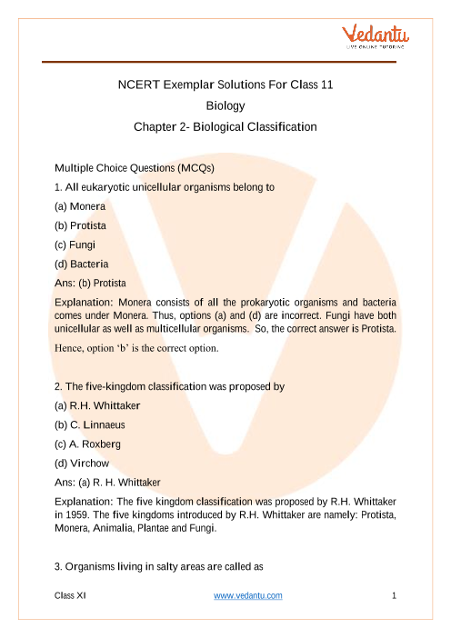 NCERT Exemplar for Class 11 Biology Chapter 2 - Biological Classification  (Book Solutions)