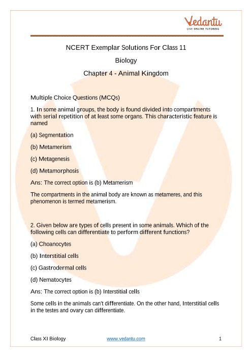 NCERT Exemplar for Class 11 Biology Chapter 4 - Animal Kingdom (Book  Solutions)