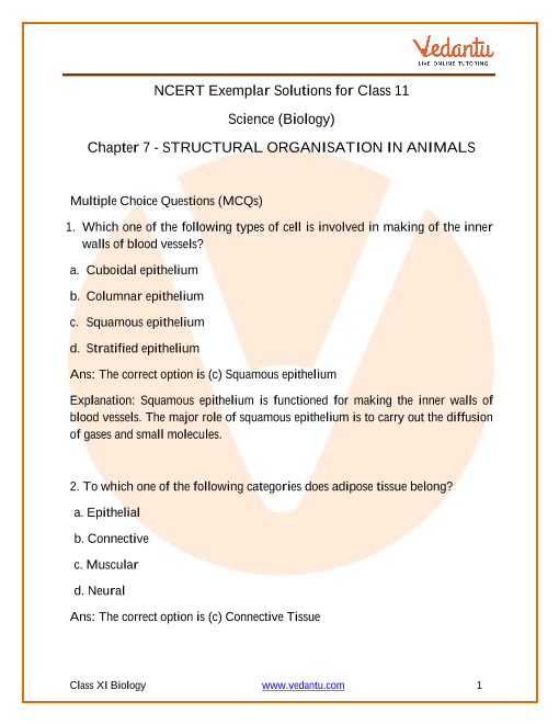NCERT Exemplar for Class 11 Biology Chapter 7 - Structural Organisation ...