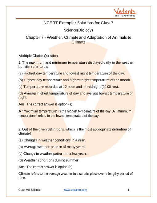 NCERT Exemplar Class 7 Science Solutions Chapter 7 Weather, Climate and  Adaptation of Animals to Climate