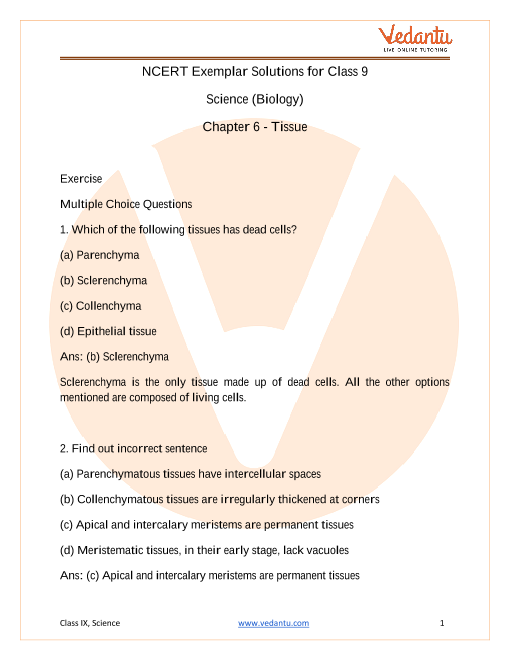NCERT Exemplar for Class 9 Science Chapter 6 - Tissues (Book Solutions)