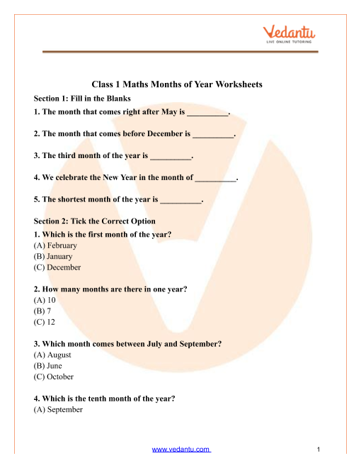 Months Of The Year Worksheets For Grade 1