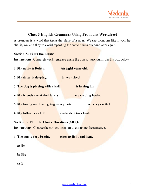 Personal Pronoun Worksheet Grade 3