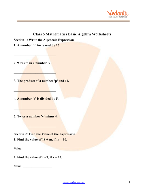Algebra Worksheets Grade 5
