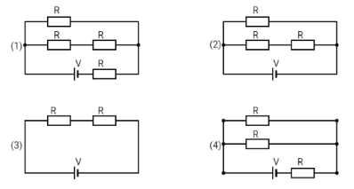 Five circuits are shown below. All the batteries have the same voltage $ V $ and all resistors have the same resistance $ R $ . In circuit does the battery