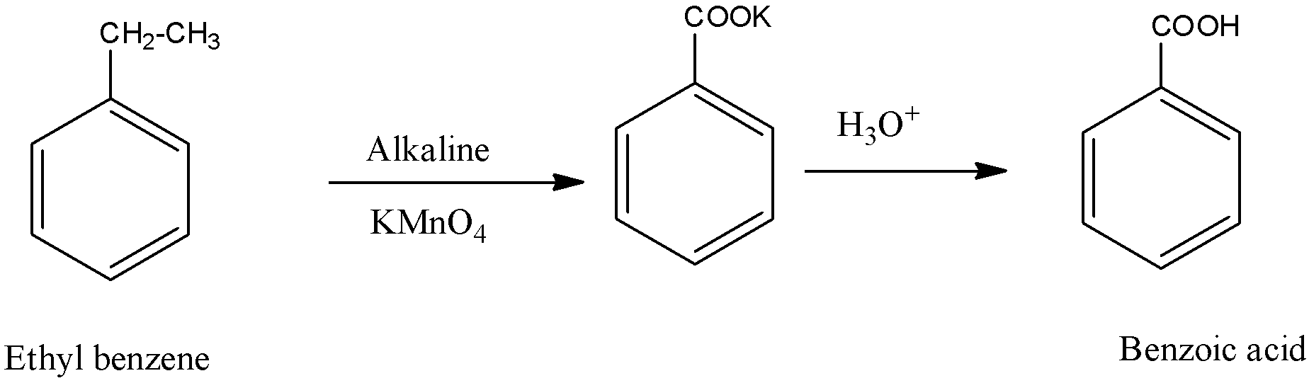 The compound formed as a result of oxidation of ethylbenzene by  \\[{\\text{KMn}}{{\\text{O}}_{\\text{4}}}\\]  is:A.benzophenoneB.acetophenoneC.benzoic acidD.benzyl alcohol