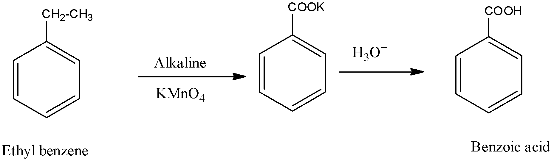 The compound formed as a result of oxidation of ethylbenzene by \\[{\\text{KMn}}{{\\text{O}}_{\\text{4}}}\\] is:A.benzophenoneB.acetophenoneC.benzoic acidD.benzyl alcohol