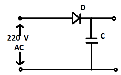 Alle Learner Gøre klart A diode is connected to 220V (rms) AC in series with a capacitor as shown  in figure. The voltage across the capacitor is\n \n \n \n \n (A) 220V(B)  110V(C) 311.1V(D) $ \\