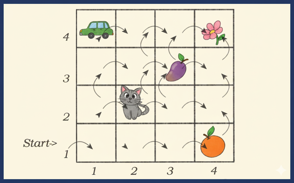 From the starting point, trace the paths to reach the flower. How many steps are required for each path?