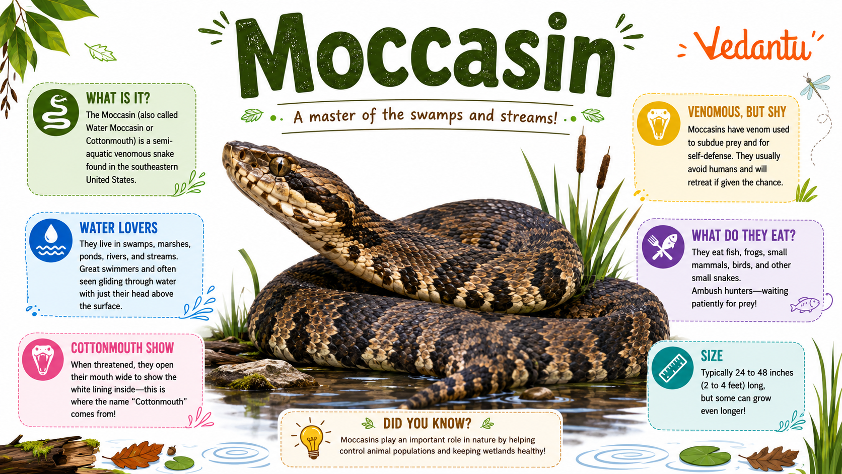 Moccasin snake showing its thick body and cottonmouth display