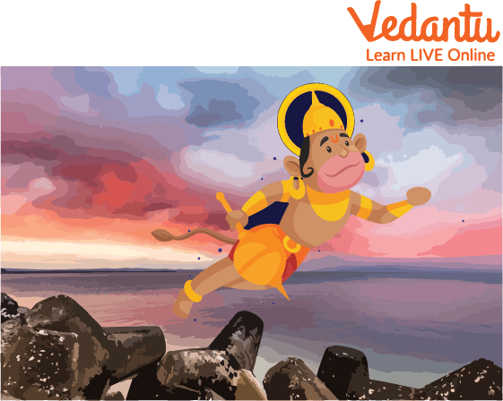 Lord Hanuman flying in the air to cross the ocean