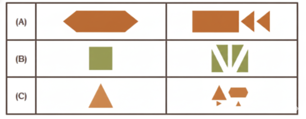 Draw lines to show the cuts needed on the shapes in the left column to get the smaller shapes on the right.