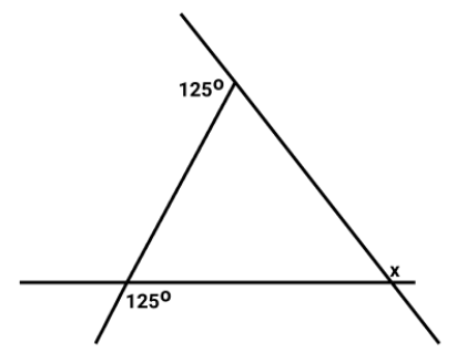 त्रिभुज जिसमें उपस्थित बाह्य कोण  125, x और 125 डिग्री है