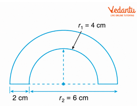 The boundary consists of two semicircular arcs with radii 4 cm and 6 cm, along with two straight portions of 2 cm each.