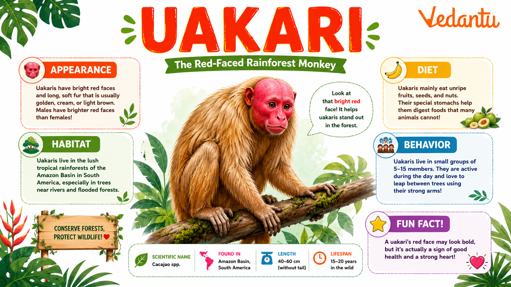Uakari monkey with bright red face in the Amazon rainforest
