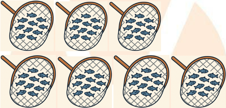 7 nets. Each net has 10 fish