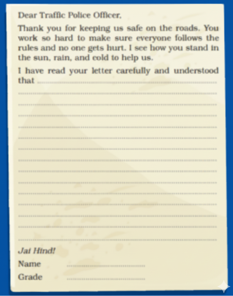 Write a letter to the traffic police of Bharat to thank them and promise to follow all the traffic rules and stay safe.