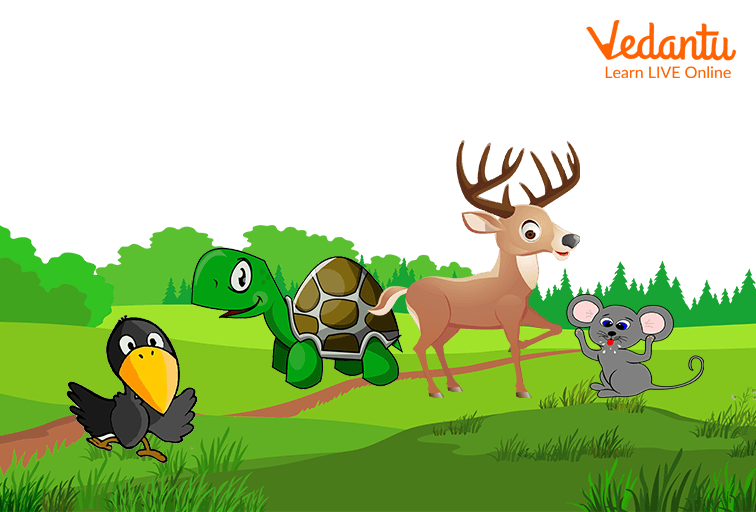 the deer, the tortoise, the crow, and the mouse