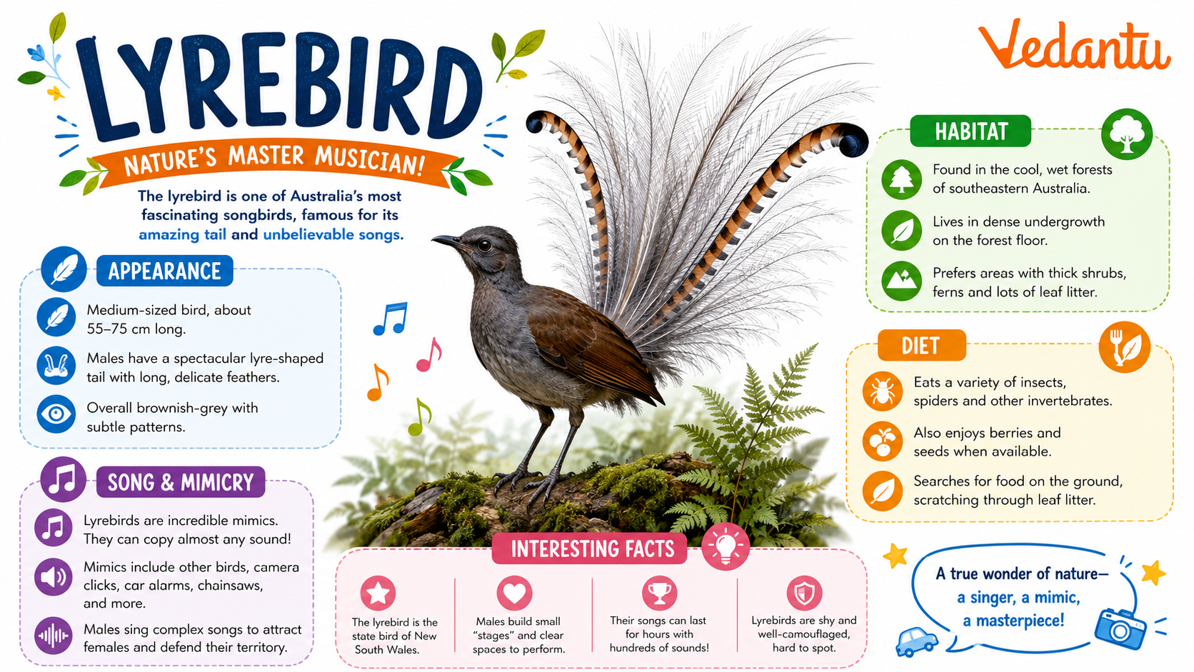 Lyrebird bird with long lyre-shaped tail feathers