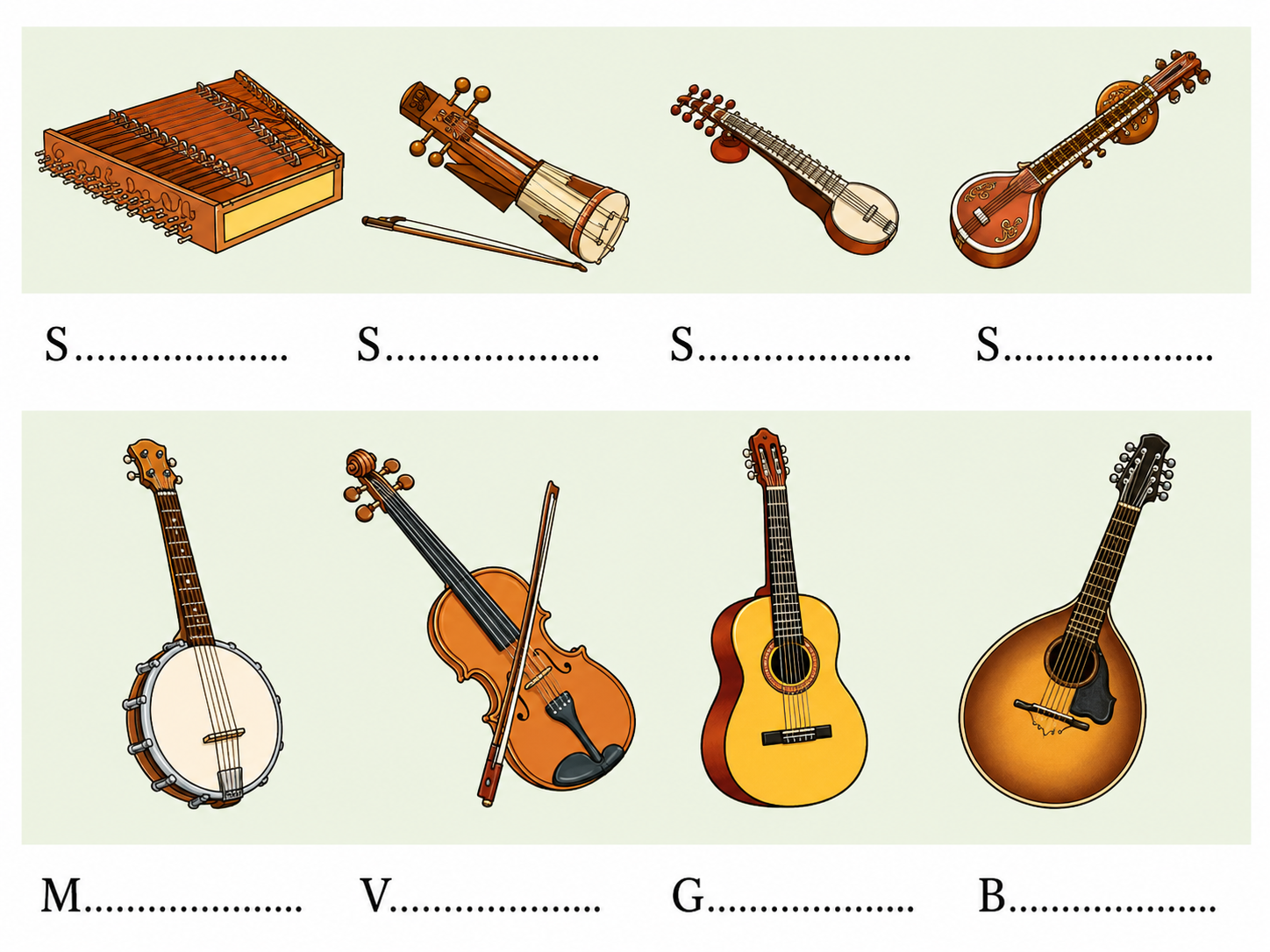 Given below are some stringed musical instruments. Work in pairs and identify them by first letter of the spellings of their names..png