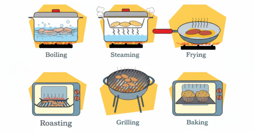 different methods used to cook the food items