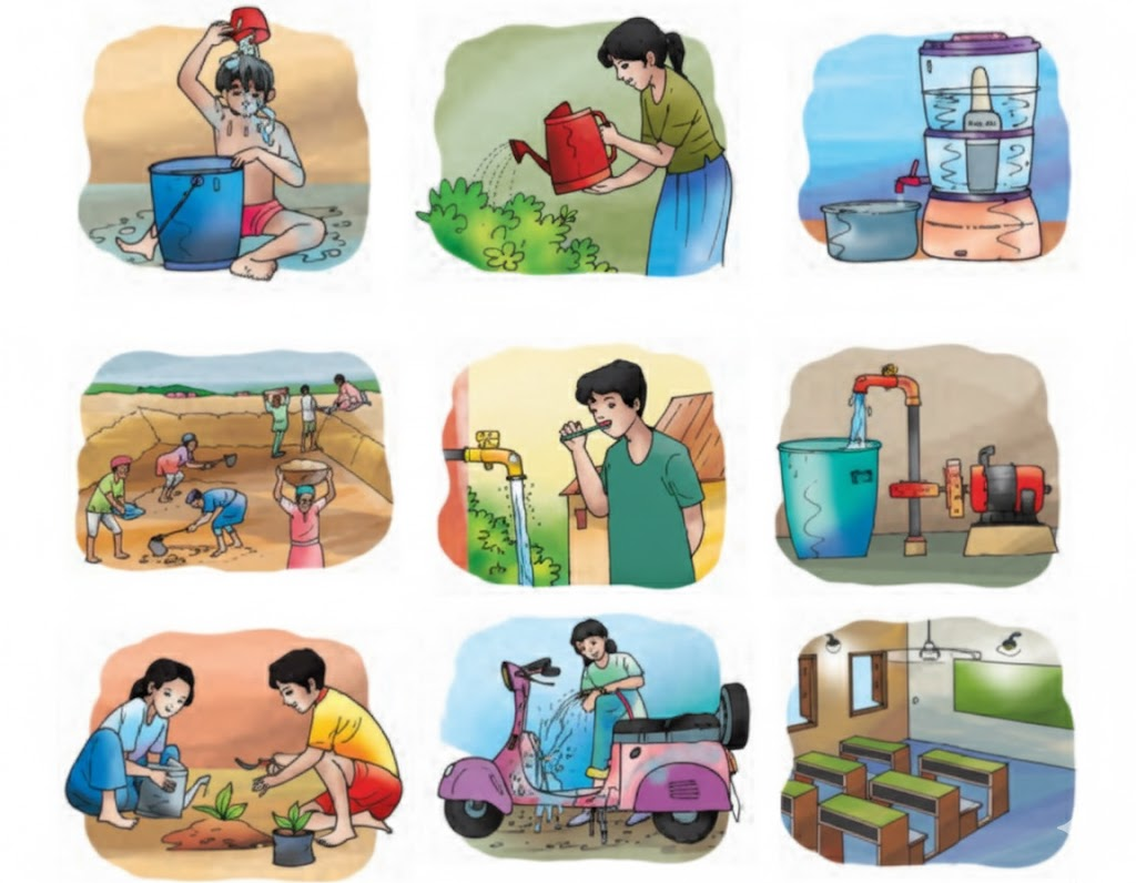 नीचे हम सबकी दिनचर्या से जुड़ी कुछ गतिविधियों के चित्र हैं। उन चित्रों पर बातचीत कीजिए जो धर पानी के संकट को कम करने में सहायक हैं और उन चित्रों पर भी बात करें जो पानी की गुल्लक को जल्दी ही खाली कर रहे हैं।