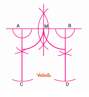 Using a ruler and compass, construct perpendiculars at A and B below the line.