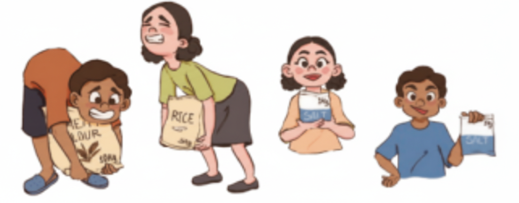 Taran and his sister are lifting packets of flour, rice and salt