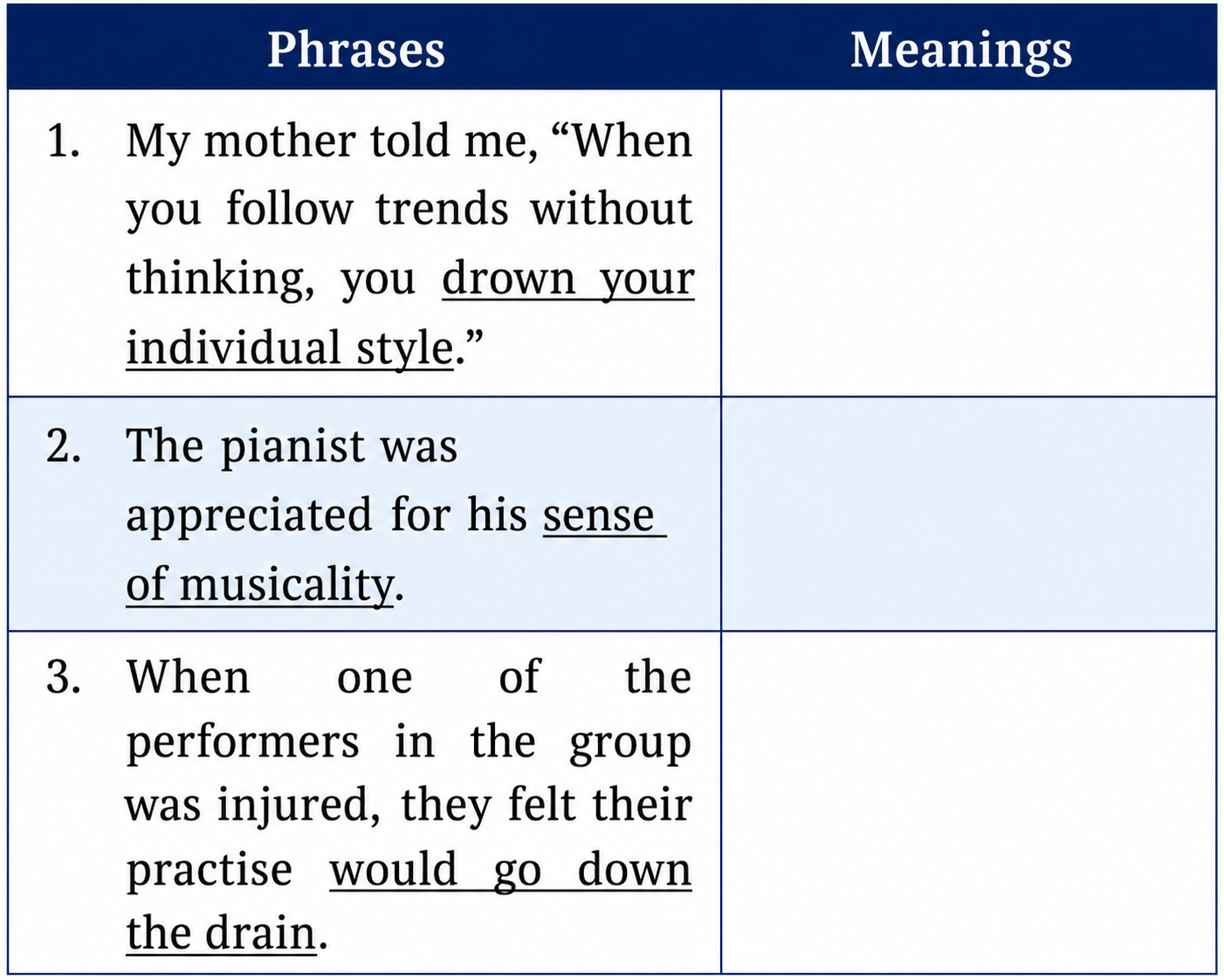 Write the meanings of the underlined phrases based on your understanding of the usage in sentences.png