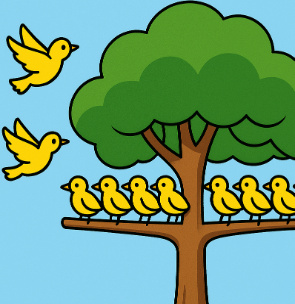 There are 7 birds on the branch and 2 birds flying. In total, there are 9 birds