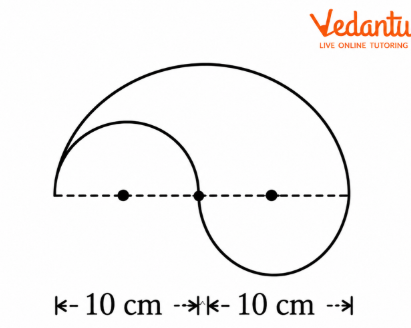 The boundary consists of one large semicircle with a radius of 10 cm and two smaller semicircles, each with a diameter of 10 cm.