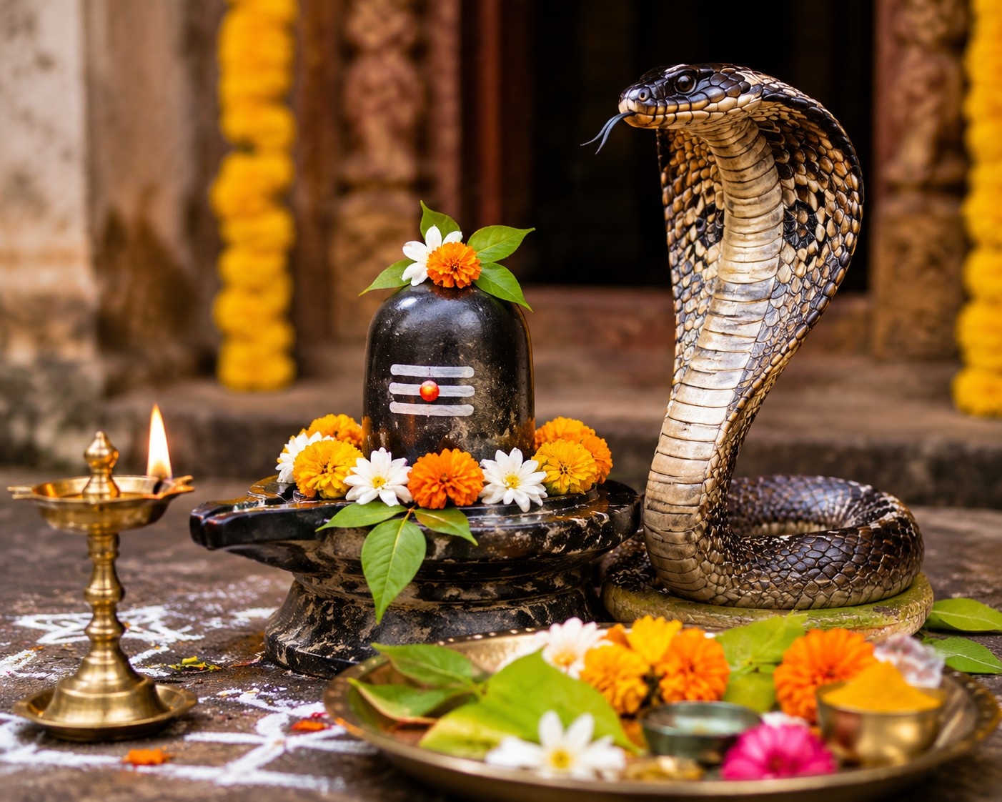 Nag Panchami puja photo HD with flowers and diya