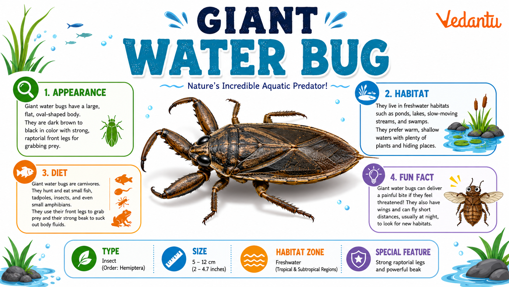 Giant Water Bug resting on a leaf near freshwater habitat