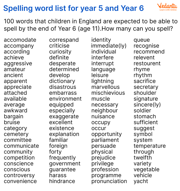 Year 5 and 6 spelling word list