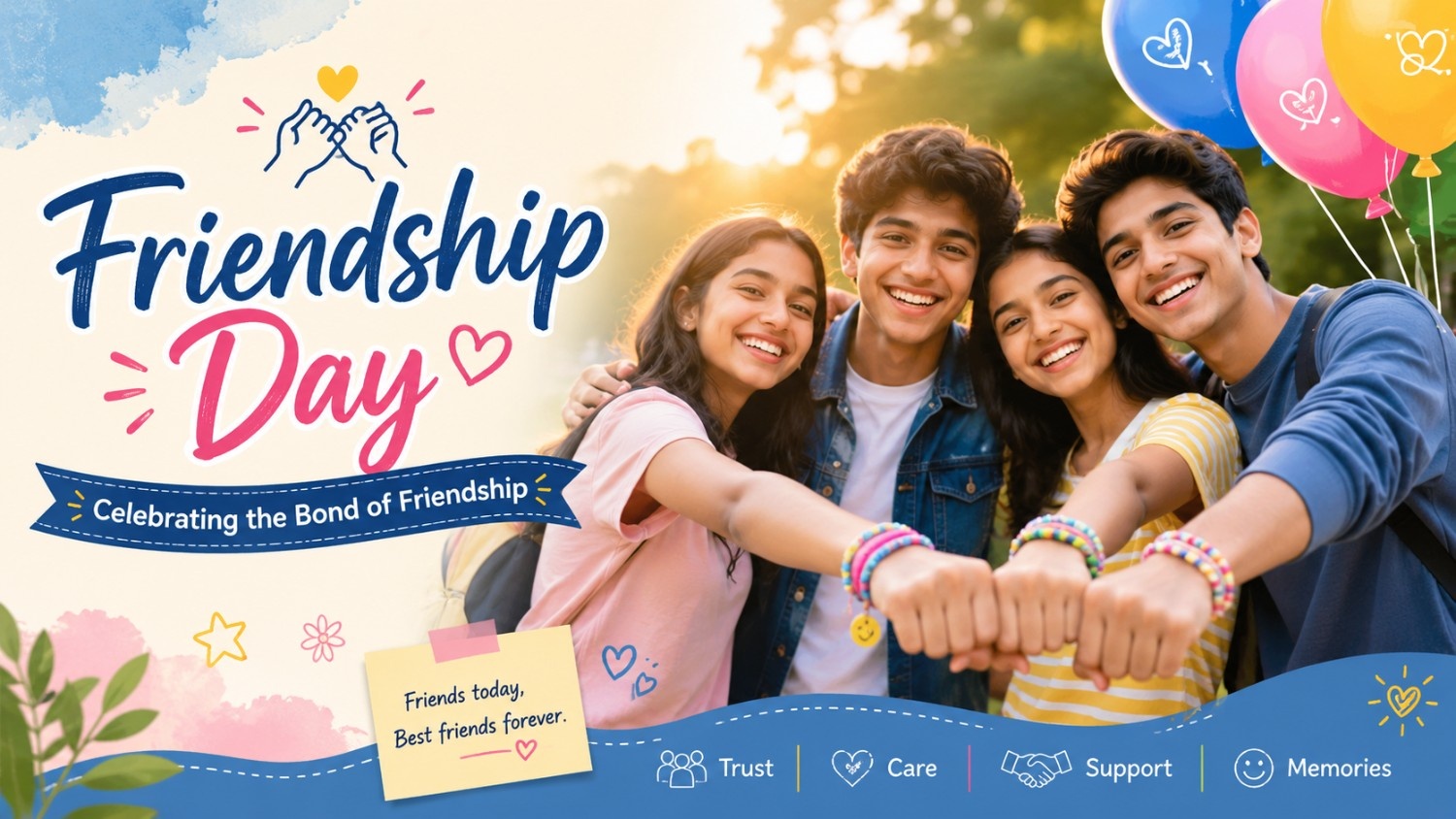 Students celebrating Friendship Day with friendship bands and cheerful messages
