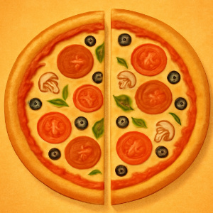 A whole pizza is cut into 2 equal slices