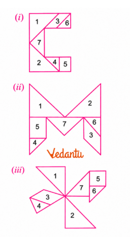 Rearrange the seven tans in different positions and orientations to form each of the required figures. The pieces should fit together without overlapping or leaving unwanted gaps.
