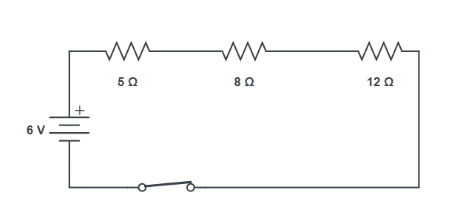 A schematic diagram of a circuit consisting of a batteries, resistor, and a plug key, all connected in series.